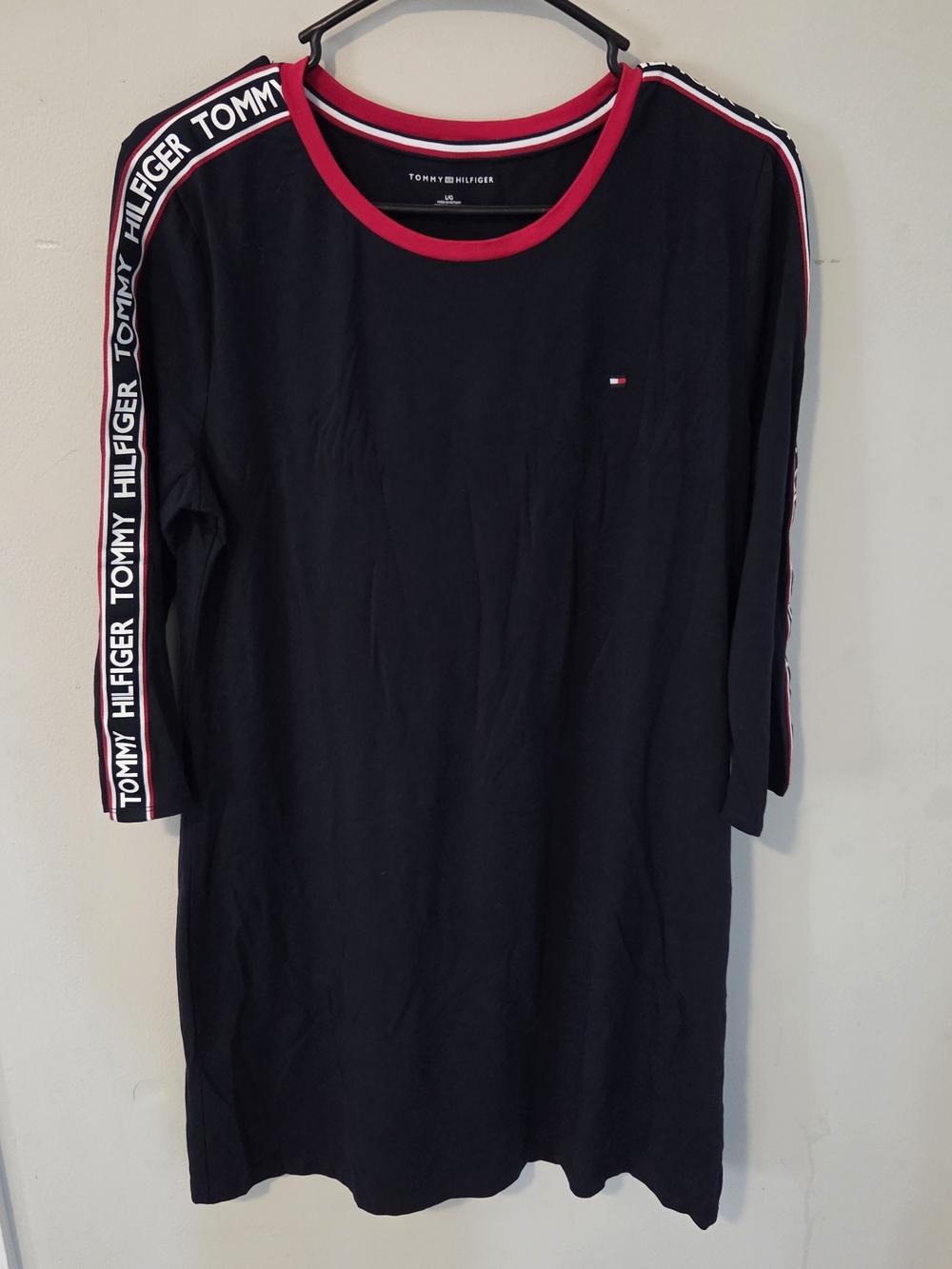 Tommy Hilfiger Navy Midi Dress with Red Trim and Signature Sleeve Tape